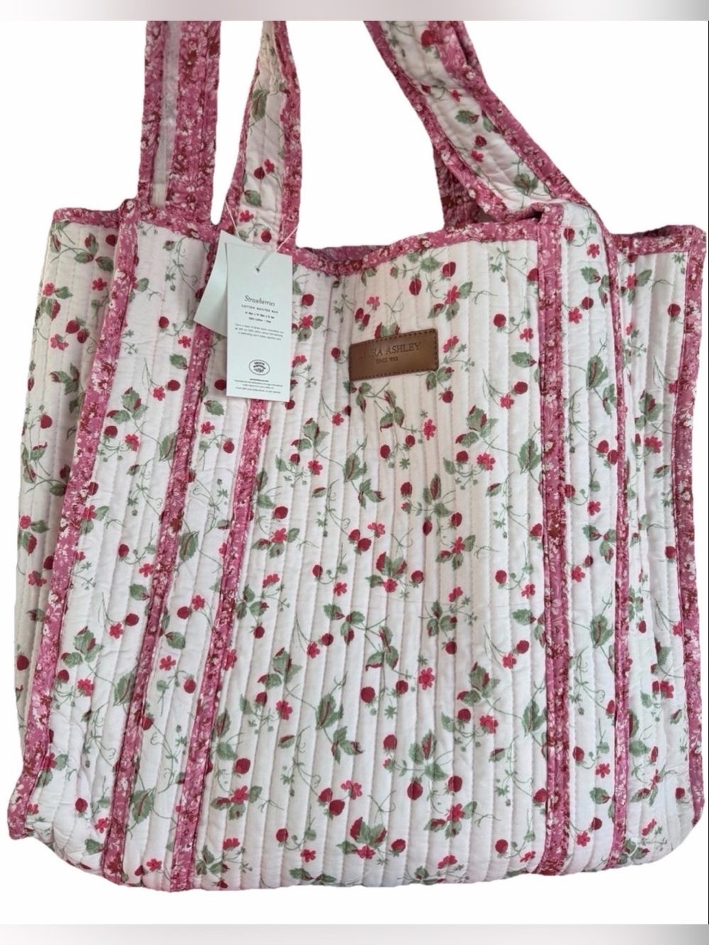 Laura Ashley pink Strawberry Vintage Inspired Floral reusable Quilted tote Bag - Picture 2 of 7